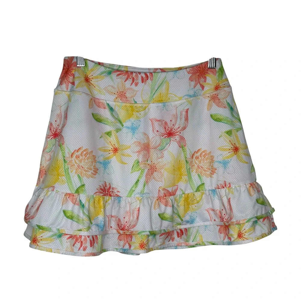 Gottex Active Skort Medium White Floral Ruffle Hem Tennis Golf Skirt Pickleball